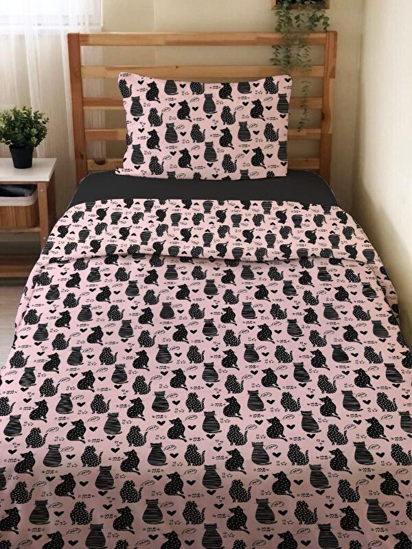 Evmila Çift Taraflı Kedi Desenli Çarşafsız 2'li Takım Baskılı Tek Kişilik Nevresim Takımı 160x220 Cm