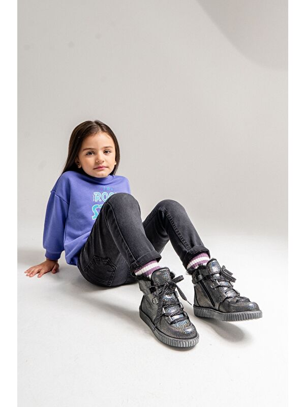 Kız Çocuk Siyah Simli Hakiki Deri Suya Dayanıklı Günlük Bot - Görsel 3