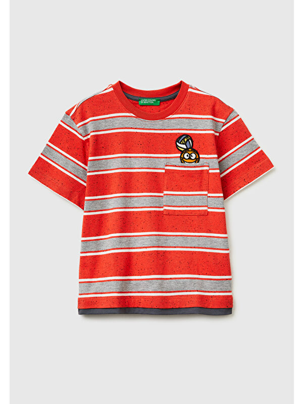 United Colors Of Benetton Erkek Çocuk Kırmızı Mix Yama Detaylı Cepli Çizgili Bisiklet Yaka T-Shirt