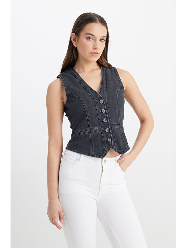 Lee Regular Fit V Yaka %100 Pamuk Antrasit Jean Yelek