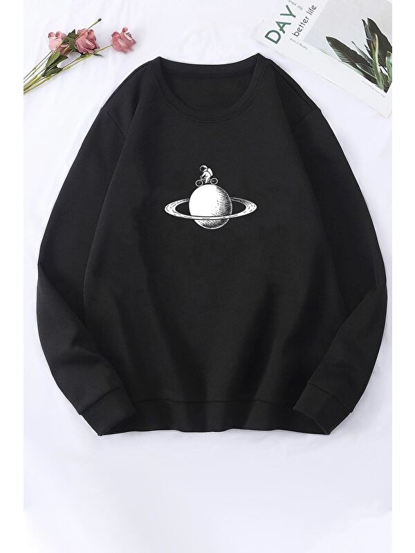 uyguntarz Unisex Astronaut Rides Baskılı Bisiklet Yaka %100 Pamuk Sweatshirt