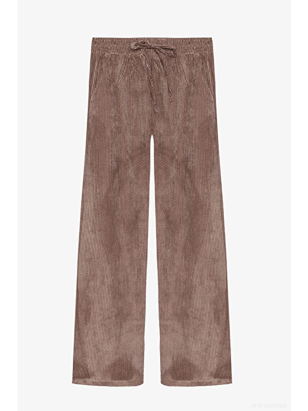 QUZU Beli Lastikli Kadife Bol Paça Pantolon Camel