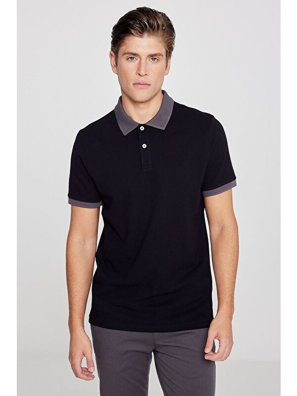 AC&Co / Altınyıldız Classics Erkek Siyah-Antrasit %100 Pamuk Slim Fit Dar Kesim Polo Yaka Tişört