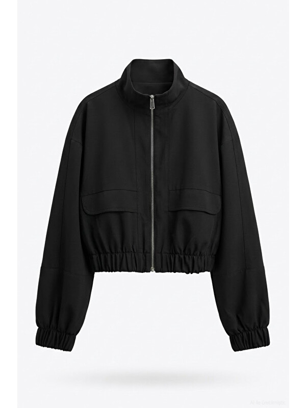 QUZU Beli Lastikli Cepli Bomber Ceket Siyah