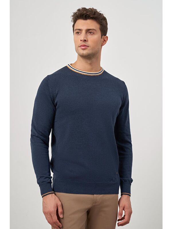 İMZA İndigo Mavi Uzun Kol Düz Örme Bisiklet Yaka Classic Slim Fit Triko 1012245108