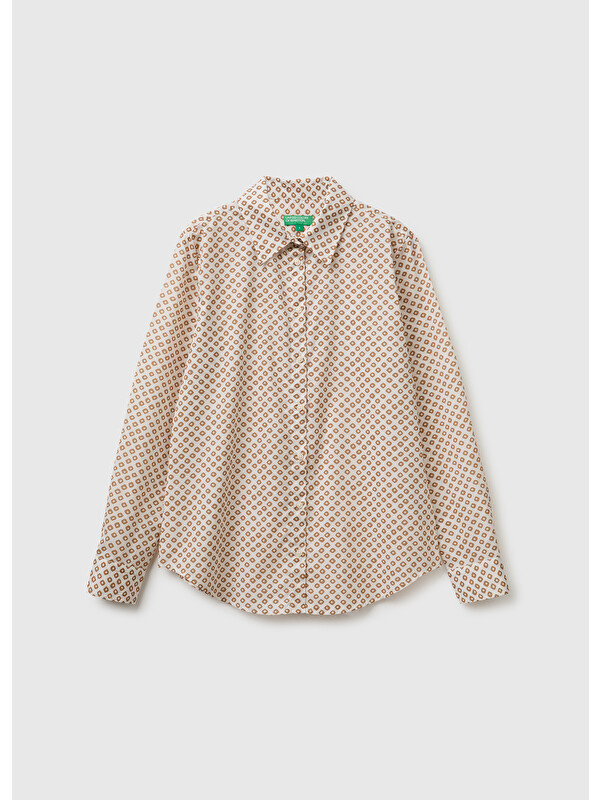 United Colors Of Benetton Kadın Bej %100 Pamuk Desenli  Regular Fit Gömlek