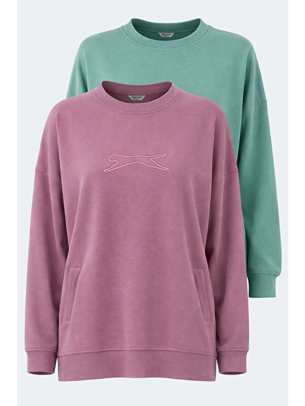 SLAZENGER VIKENTI SW 2 Lİ SET Kadın Cepli Oversıze Yeşil - Gül Sweatshırt