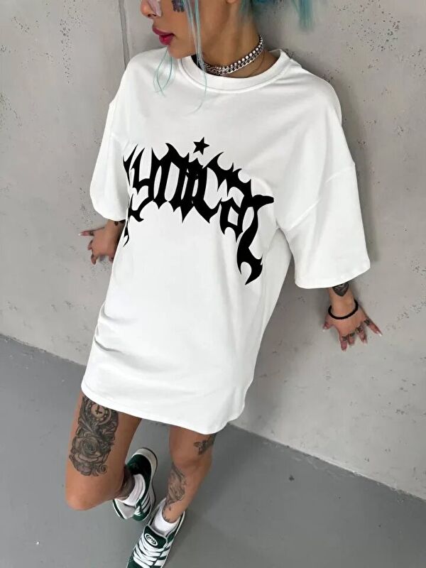 Jane's Unisex Bisiklet Yaka Baskılı Oversize T-Shirt - Beyaz