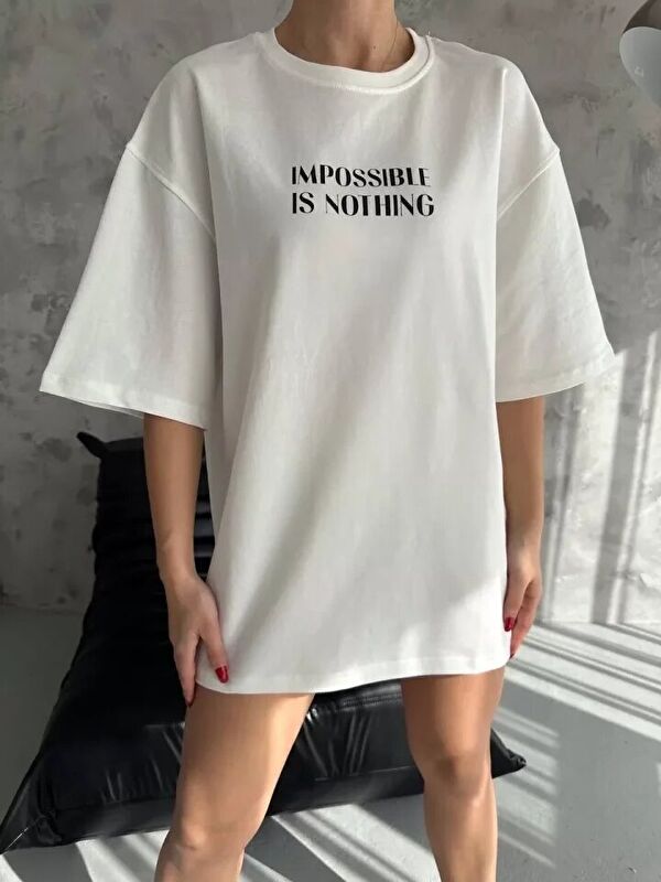 Jane's Unisex Bisiklet Yaka Baskılı Oversize T-Shirt - Beyaz