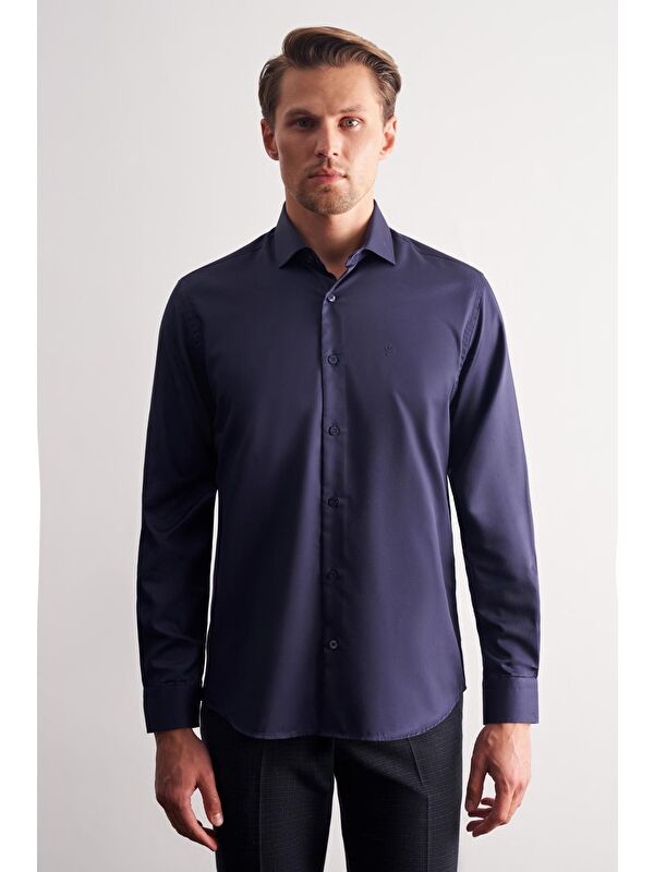 İMZA Lacivert Yarım İtalyan Yaka Saten Uzun Kol Slim Fit %100 Pamuk Gömlek 1004255188