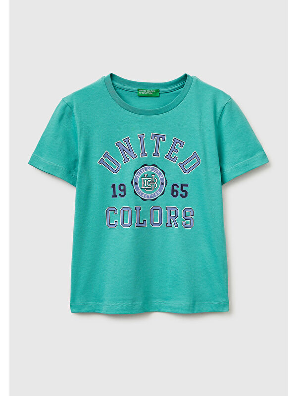United Colors Of Benetton Erkek Çocuk Mavi-yeşil Önü Logo Baskılı Yuvarlak Yaka T-Shirt