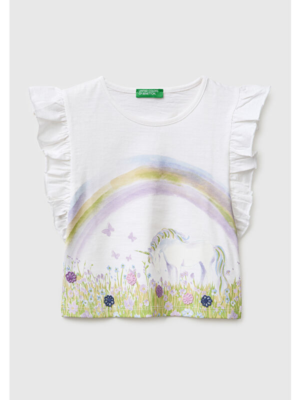 United Colors Of Benetton Kız Çocuk Beyaz İşlemeli Kelebek Baskılı Kolları Fırfırlı T-Shirt