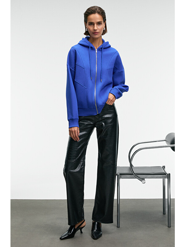 GRIMELANGE VYSELLE Kadın Önü Kesikli Metal Fermuarlı Kapüşonlu Etiket Detaylı Oversize MAVİ Sweatshirt