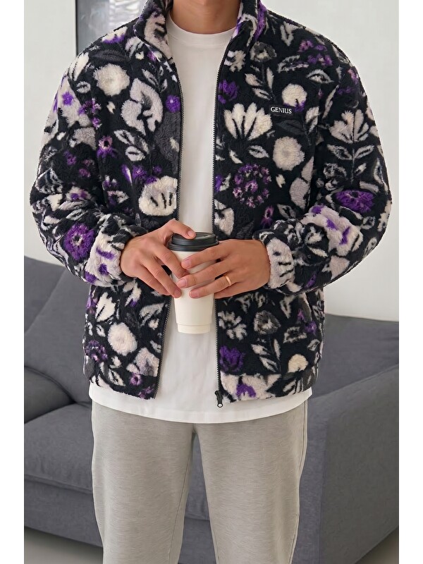 Genius Store Oversize Pelüş Tam Fermuarlı Sweatshirt Pelüş İçi Polarlı Sherpa Kumaş Sweatshirt