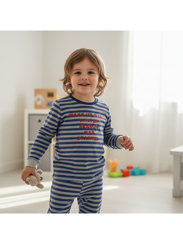Bonbon Çocuk Baskılı Çizgili Mavi Renk 2'Li Takım Cb1065