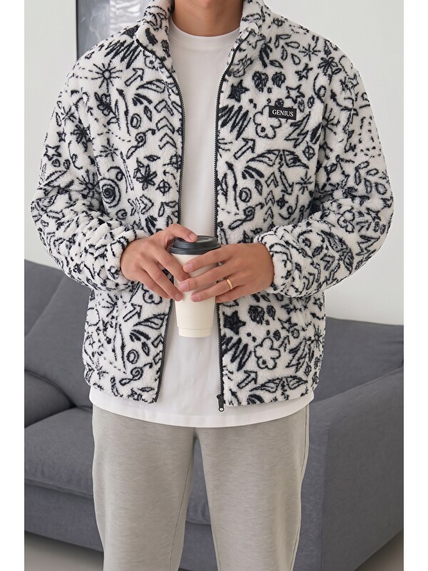 Genius Store Oversize Pelüş Tam Fermuarlı Sweatshirt Pelüş İçi Polarlı Sherpa Kumaş Sweatshirt