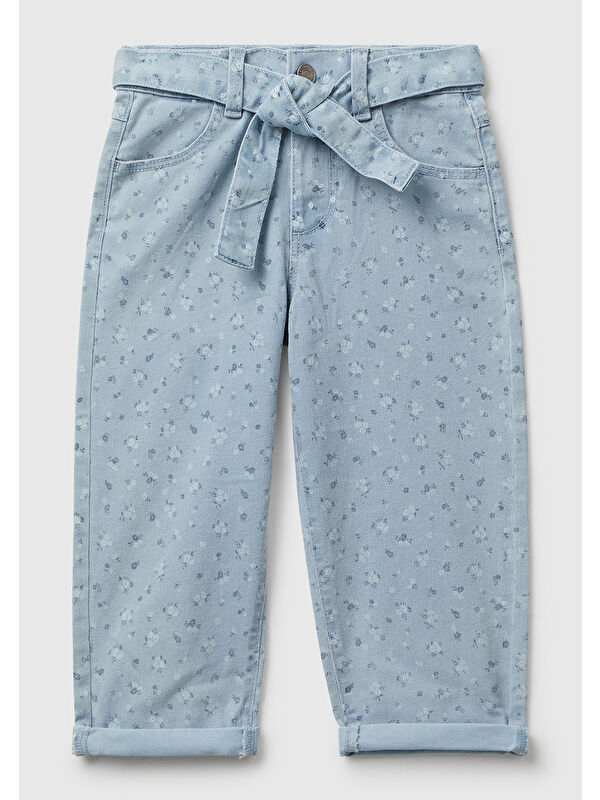 United Colors Of Benetton Kız Çocuk Açık Mavi Çiçek Desenli Beli Bağlamalı Paçası Kıvrık Denim Pantolon