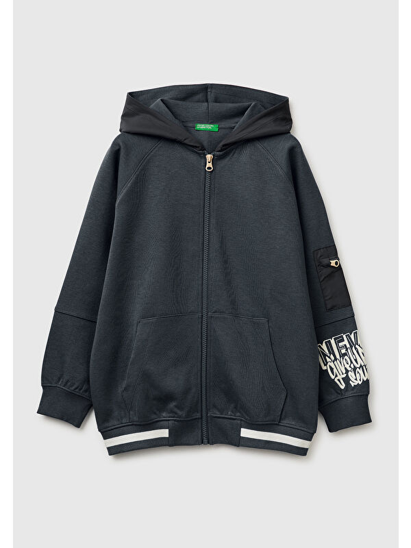 United Colors Of Benetton Erkek Çocuk Antrasit Cep Detaylı Fermuarlı Kapüşonlu Sweatshirt
