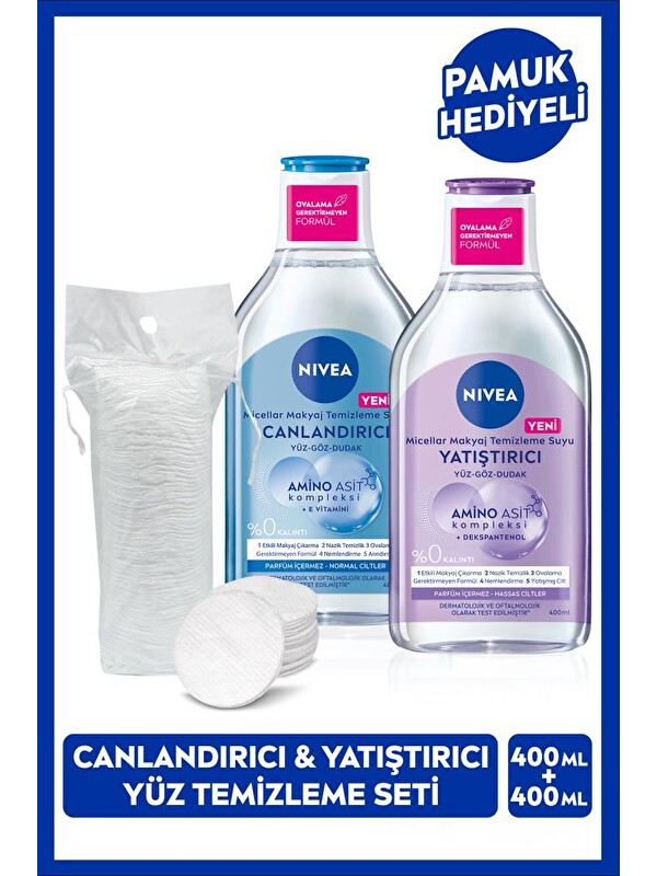 NIVEA Canlandırıcı ve Yatıştırıcı Micellar Makyaj Temizleme Suyu Seti 400ml, Amino Asit, Pamuk Hediyeli