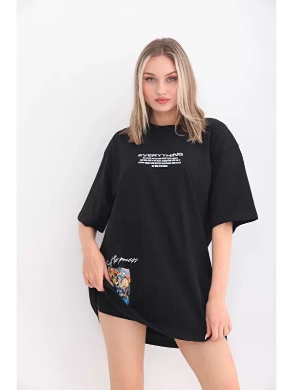 Jane's Unisex Bisiklet Yaka Baskılı Oversize T-Shirt - Siyah