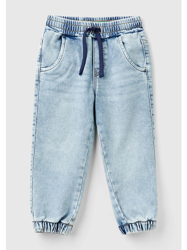 United Colors Of Benetton Erkek Çocuk Açık Mavi Arka Cebi Logolu Lastik Paça Ağartılmış Denim Pantolon