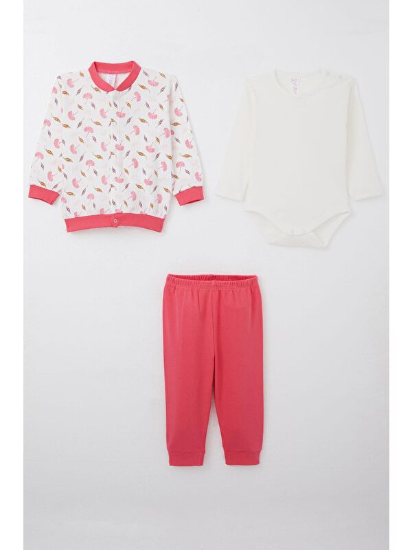 Breeze Kız Bebek Zıbınlı 3 Lü Takım Çiçek Desenli Beyaz (4 Ay-1 Yaş)