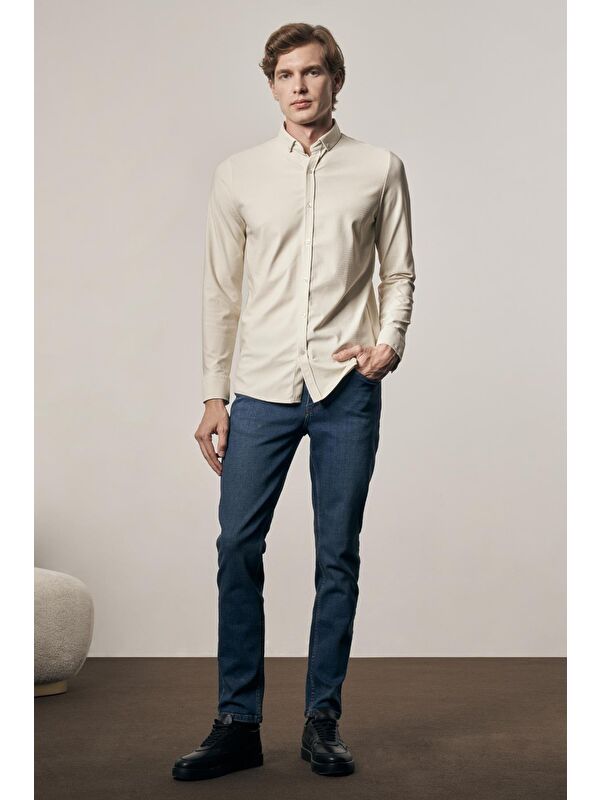 İMZA Bej - Beyaz Smart Düğmeli Yaka Uzun Kol Cepsiz Slim Fit Casual Gömlek 1004255165