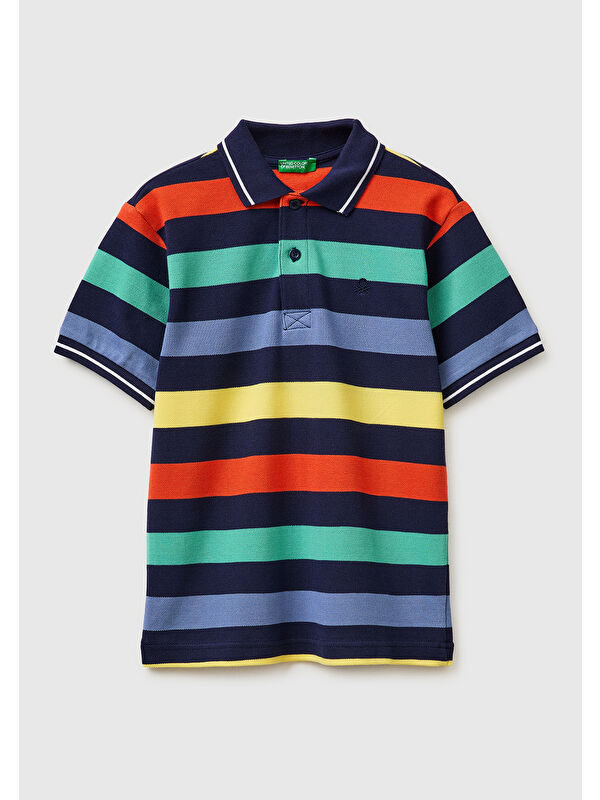 United Colors Of Benetton Erkek Çocuk Koyu Mix Çizgili Logo Nakışlı Polo Yaka Çocuk T-Shirt