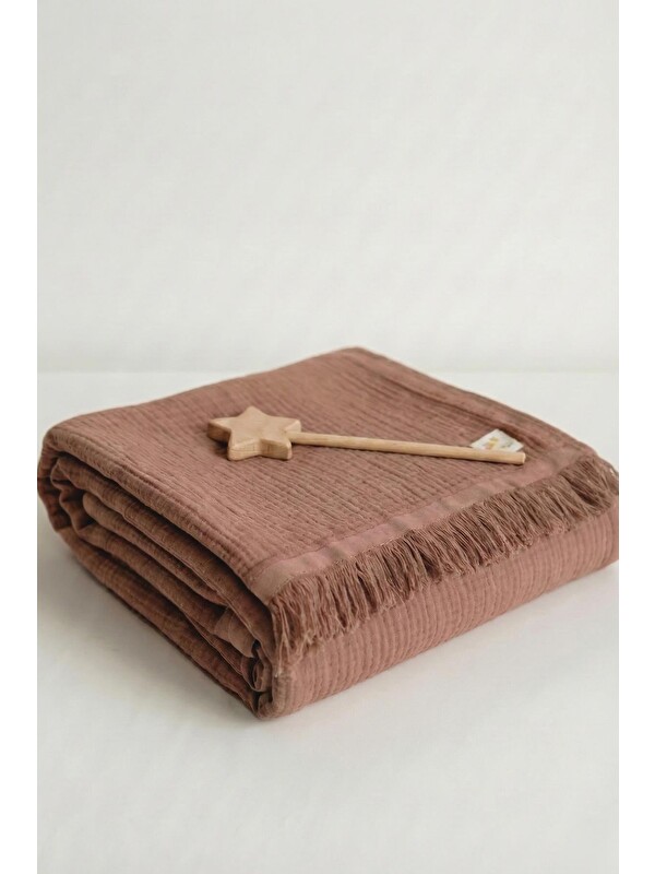 CİGİT Dört Kat Püsküllü Organic Müslin Battaniye 80X120 Cm Açık Kahve