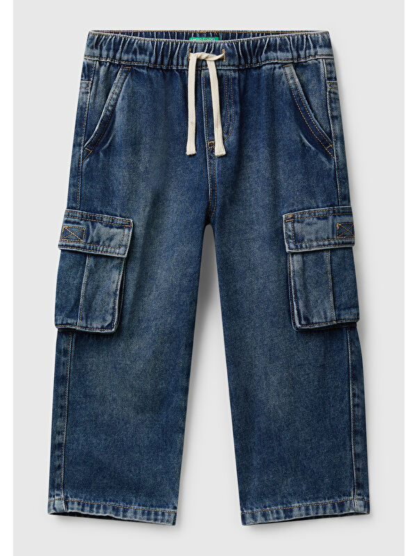 United Colors Of Benetton Erkek Çocuk Koyu Mavi Arkası Logo Detaylı Yan Cepli Büzgü İpli Denim Pantolon