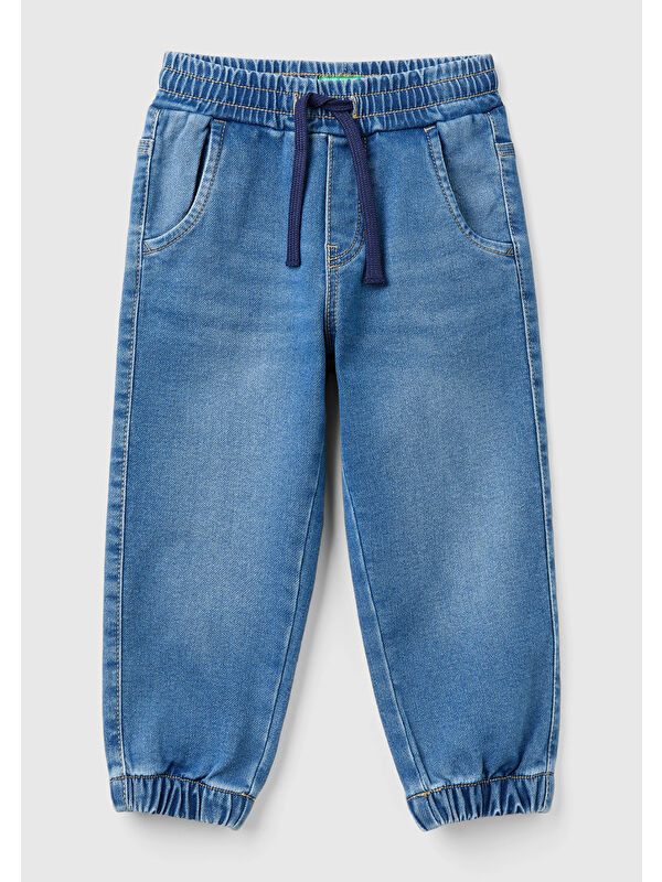 United Colors Of Benetton Erkek Çocuk Mavi Arka Cebi Logolu Lastik Paça Ağartılmış Denim Pantolon