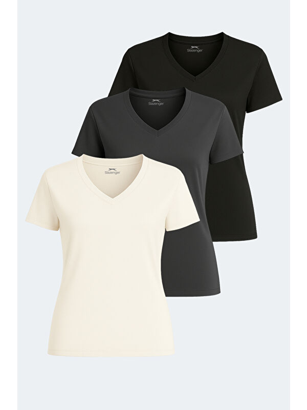 SLAZENGER PERICAS 3 lü Set Kadın Ekru - Koyu Gri - Siyah Tişört