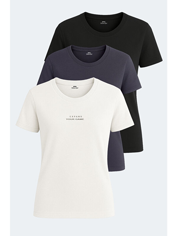 SLAZENGER PAYTONS 3 lü Set Kadın Ekru - Siyah - Koyu Gri Tişört