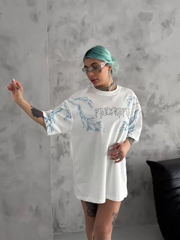 Jane's Unisex Bisiklet Yaka Baskılı Oversize T-Shirt - Beyaz
