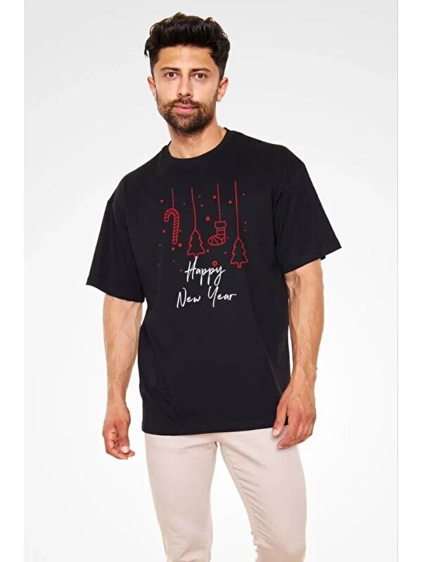 Jane's Bisiklet Yaka Baskılı Oversize T-Shirt - Siyah