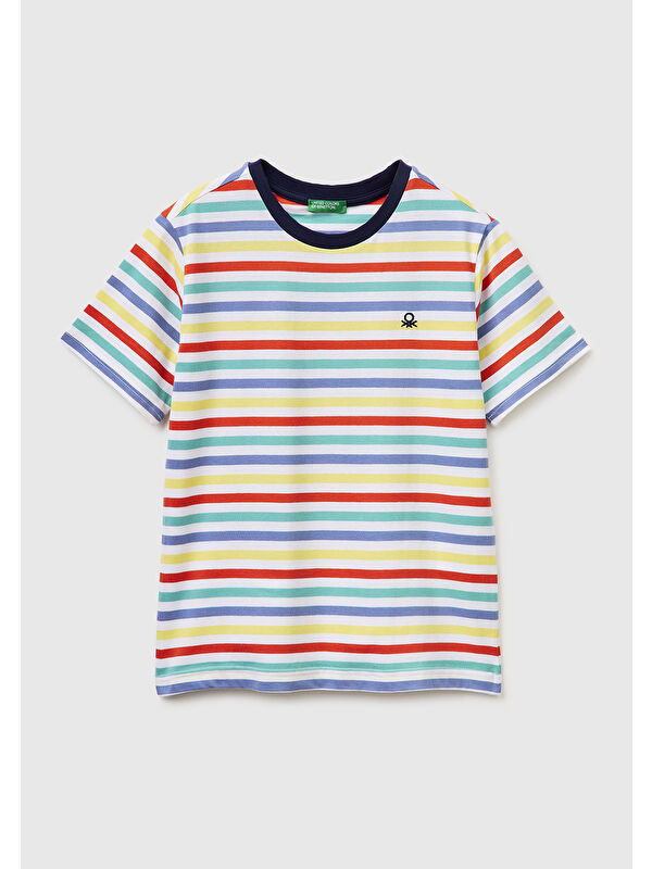 United Colors Of Benetton Erkek Çocuk Açık Mix Çok Renkli Logo İşlemeli Çizgili T-Shirt