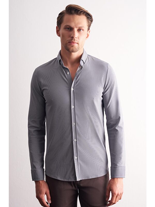 İMZA Lacivert - Beyaz Smart Düğmeli Yaka Uzun Kol Cepsiz Slim Fit Casual Gömlek 1004255165