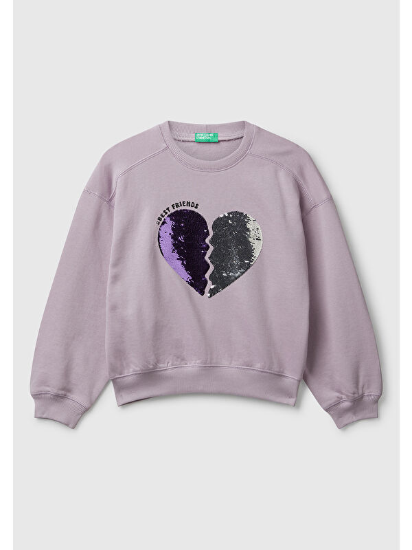 United Colors Of Benetton Kız Çocuk Lila Önü Payetli Baskılı Ribanalı Relaxed Fit Sweatshirt