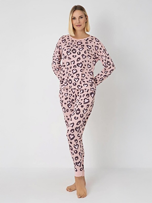 Dofi· Dofi Kadın Leopar Desenli S-XL Pijama Takımı - Pembe