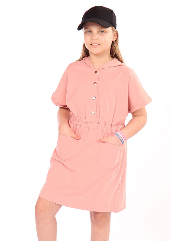 Toontoykids Kız Çocuk Beli Lastikli Önü Çıtçıtlı Kapüşonlu Elbise