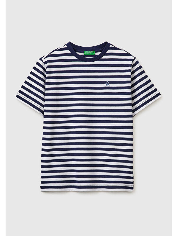 United Colors Of Benetton Erkek Çocuk Koyu Mavi Mix Çok Renkli Logo İşlemeli Çizgili T-Shirt