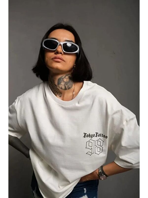 Jane's Unisex Bisiklet Yaka Baskılı Oversize T-Shirt - Beyaz