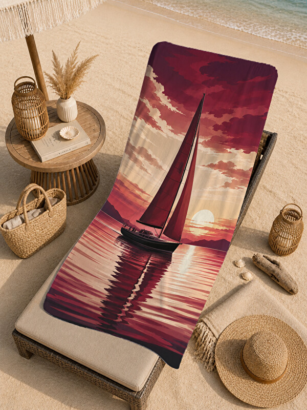Milbay Grup Vintage Bordo Yelkenli Akşam Işığı Deniz Desenli 70x150 Plaj Havlusu - Pamuklu Banyo Havlusu