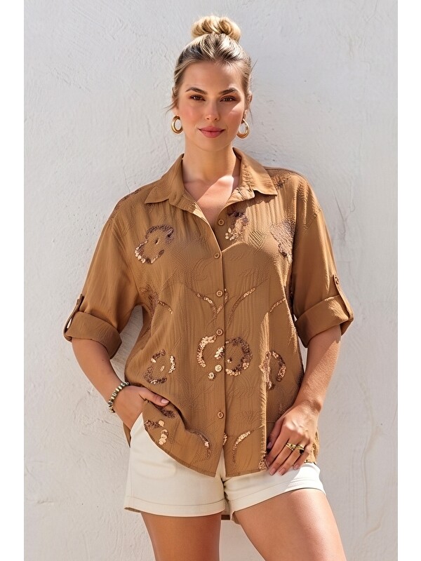 Chiccy İtalyan Camel Gömlek Yaka Uzun Kol Düğmeli Pul Payetli Nakışlı Casual Dokuma Gömlek 65 62