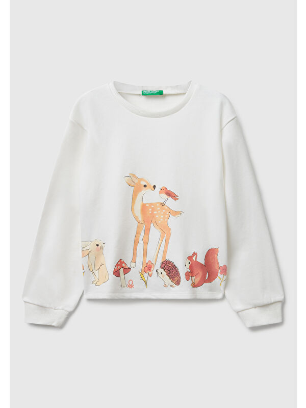 United Colors Of Benetton Kız Çocuk Ekru Önü Grafik Baskılı Ribanalı Oversize Sweatshirt