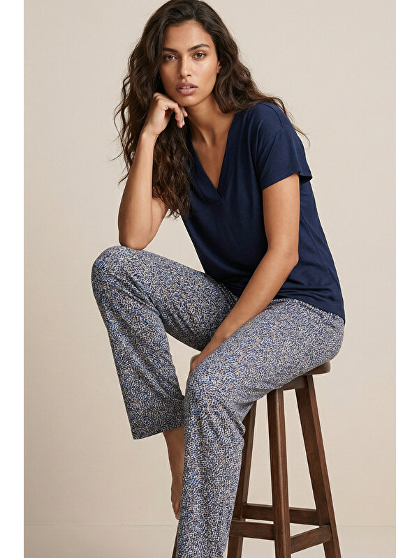 Siyah İnci lacivert desenli Viskon Örme Pijama Takım26120786