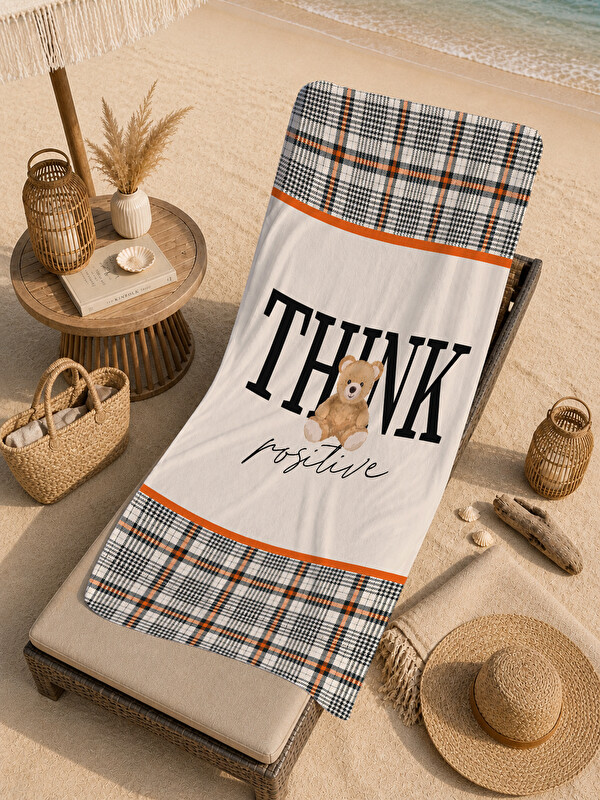 Milbay Grup Retro Think Positive Yazılı Ekose Motivasyon Desenli 70x150 Plaj Havlusu - Pamuklu Banyo Havlusu