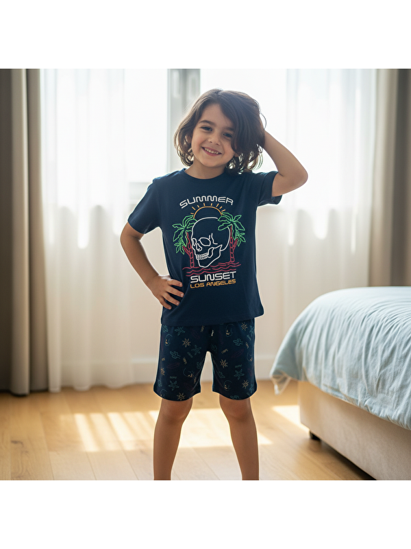 Bonbon Çocuk Summer Baskılı Lacivert Renk 2'Li Takım Cb1061
