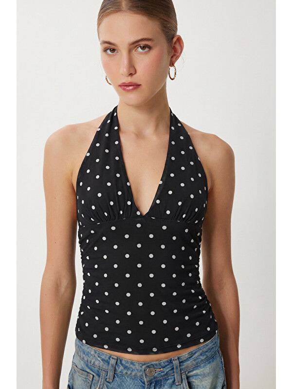 Happiness İstanbul Puantiye Desenli Crop Tül Bluz SİYAH LFW0023