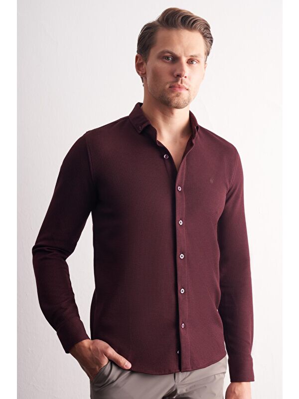İMZA Bordo Uzun Kol Düğmeli Yaka  Pamuklu Slim Fit Gömlek 1004255267